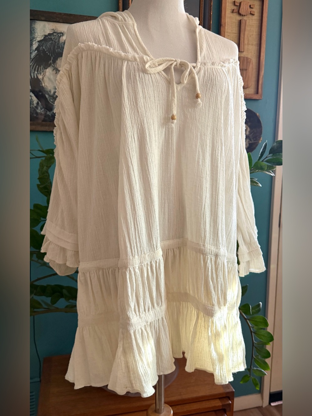 FREE PEOPLE Soak Up the Sun Cotton Linen Tunic Dress EUC SZ S IVORY